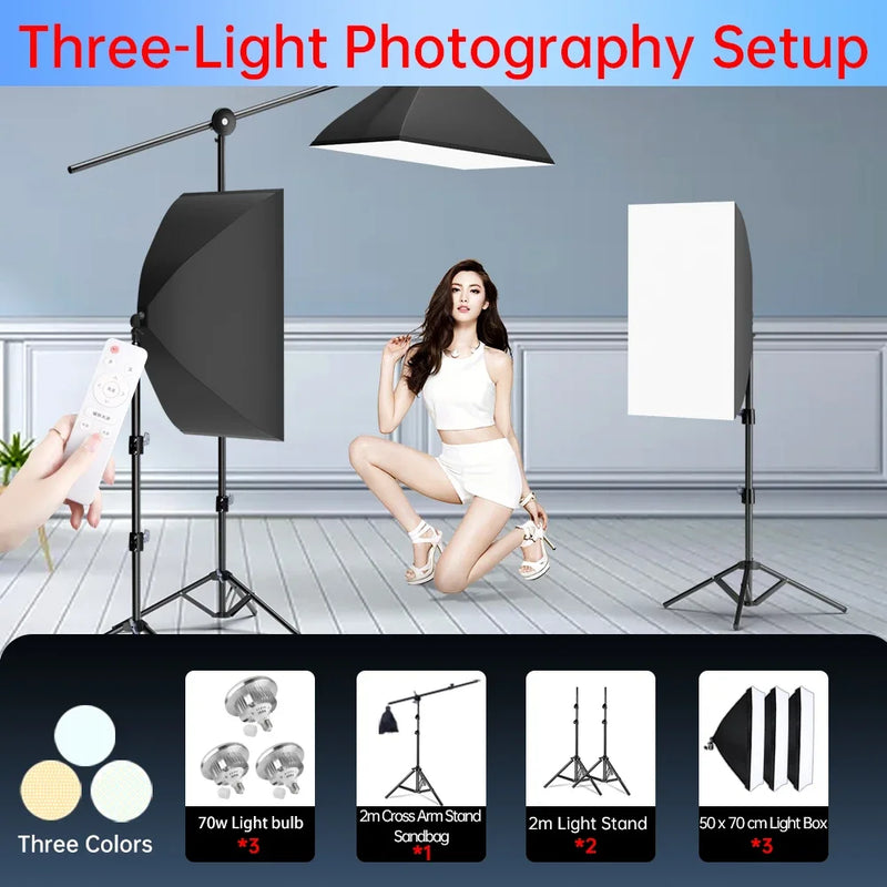 50x70cm Softbox 45W/70W Bulb Photography Studio Photo Lighting Kit Continuous Light System For Camera With  Remote Control