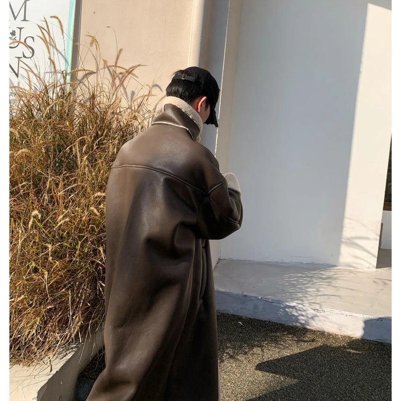 Luxury Brand Trend Winter Warmth Men Leather Trench Coat Fur Lined Long Overcoat Thick Single-Breasted Faux Fur PU Leather Coat