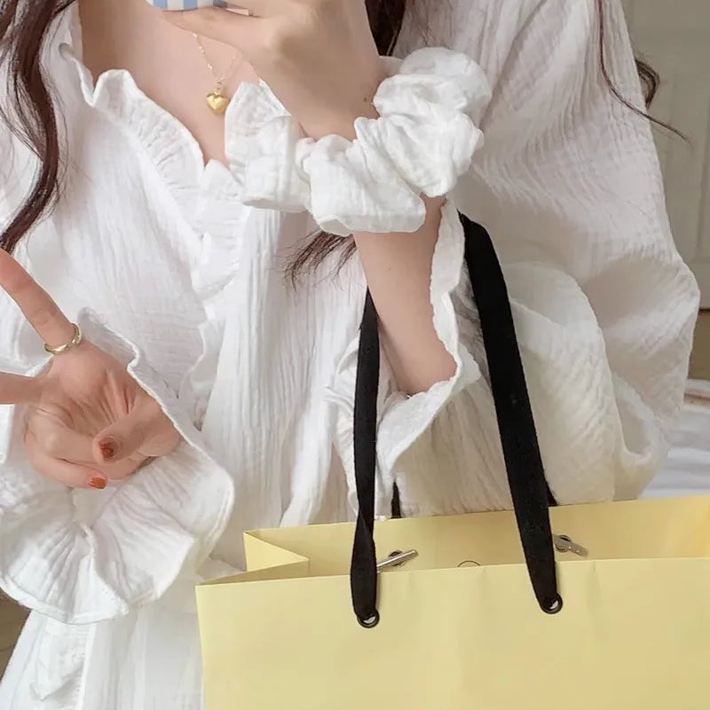 Women's Spring and Summer New Simple Long-Sleeved Robe Girls Sweet Ins Wind Ruffled Thin Section of Solid Color Pajamas Home Wea