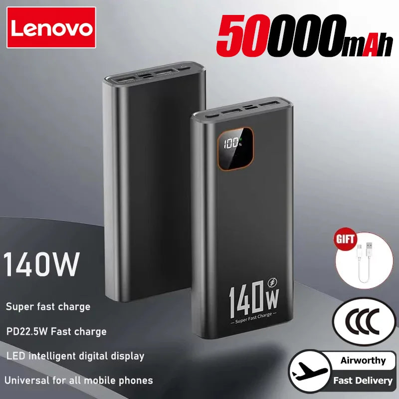Lenovo 140W 500000mAh Ultra Capacity Power Bank Super Fast Charging CCC Portable Battery Charger For IPhone Samsung 2026 New