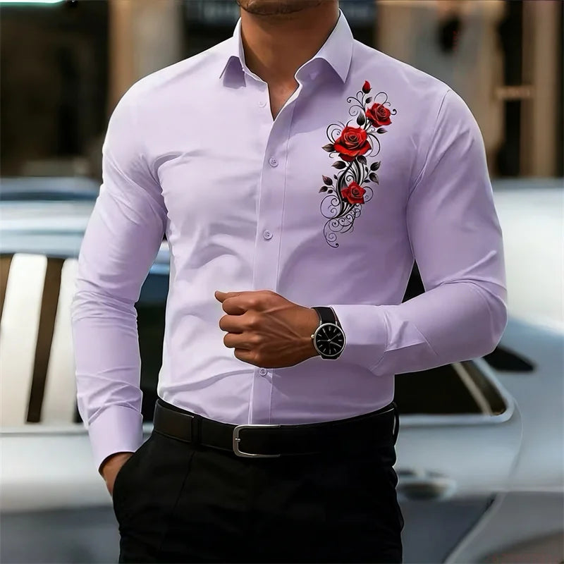 Men's Long-Sleeved Shirt, Featuring a Vintage Red Rose | SAMAG