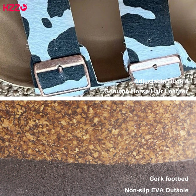 KZZO Horse Hair Genuine Leather Women Mules And Clogs Adjustable Buckle Cork Footbed Comfort Casual Outdoor Slippers Non-Slip