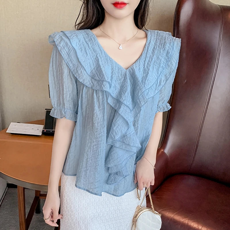 Vintage Summer Chiffon Blouses Women Elegant Korean - View 3 | SAMAG
