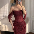 Aileen Sequin Off The Shoulder Burgundy Mermaid Evening | SAMAG