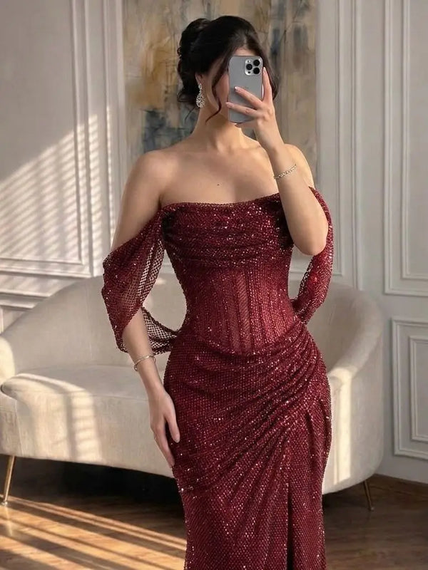 Aileen Sequin Off The Shoulder Burgundy Mermaid Evening | SAMAG