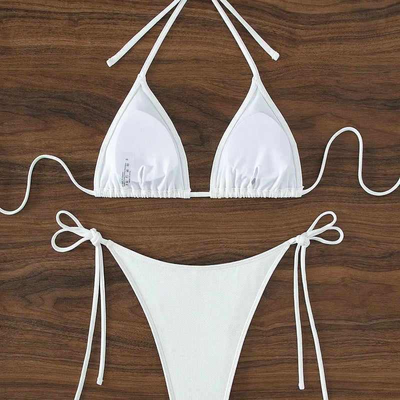 Summer white pure simple front-tie bikini swimsuit set
