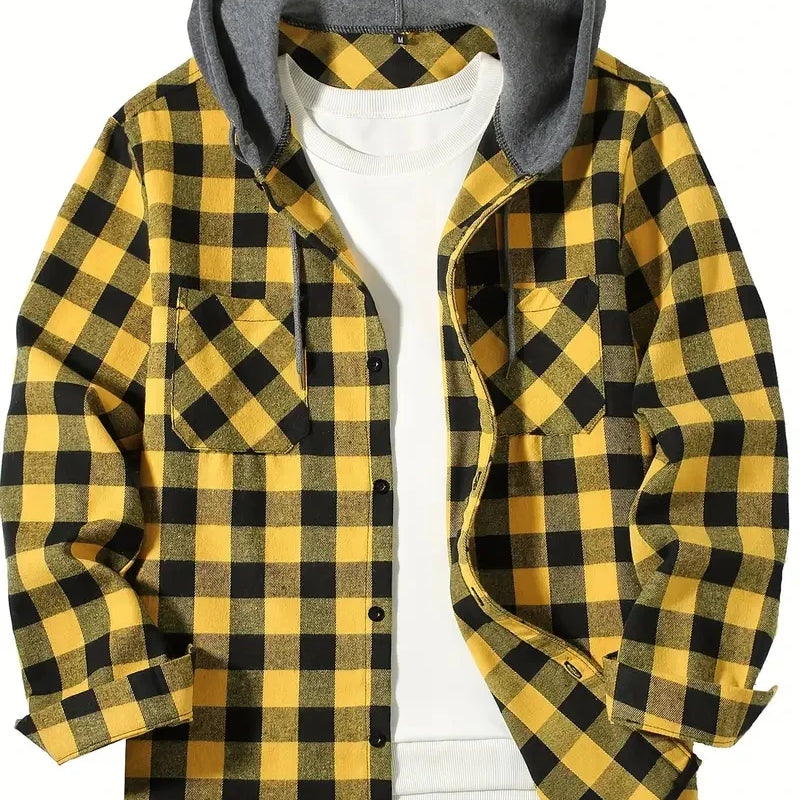 Youth Fashion Street Hooded Plaid Shirt Men's Slim Fit | SAMAG