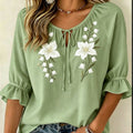 Women's Black Purple Floral Print Tie Neck Blouse, Casual - View 4 | SAMAG