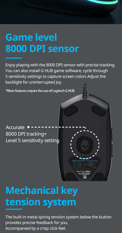 Logitech G102 Mouse Original Ergonomic Mouse Optical 8000DPI 16.8M Color LED Customizing 6 Buttons Wired Pc Gaming Accessories