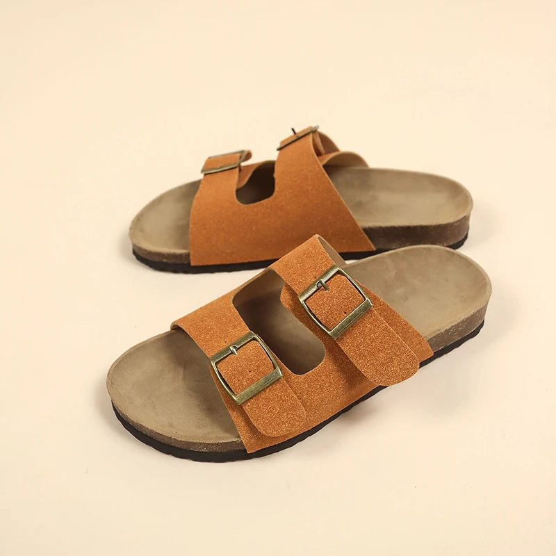 Women's Flat Outdoor Beach Casual Slippers Man Sliders Thick Sole Leather Cork Sole Sandals and Slippers