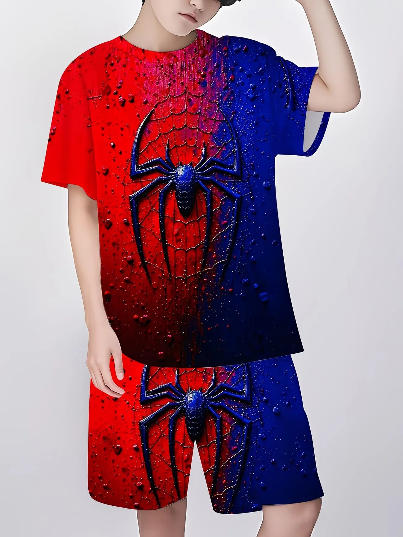 Boys 2Pcs Summer Outfit Spider Print Short Sleeve T-Shirt + Shorts Set Red Blue Casual Sportswear Kids Streetwear Tracksuit