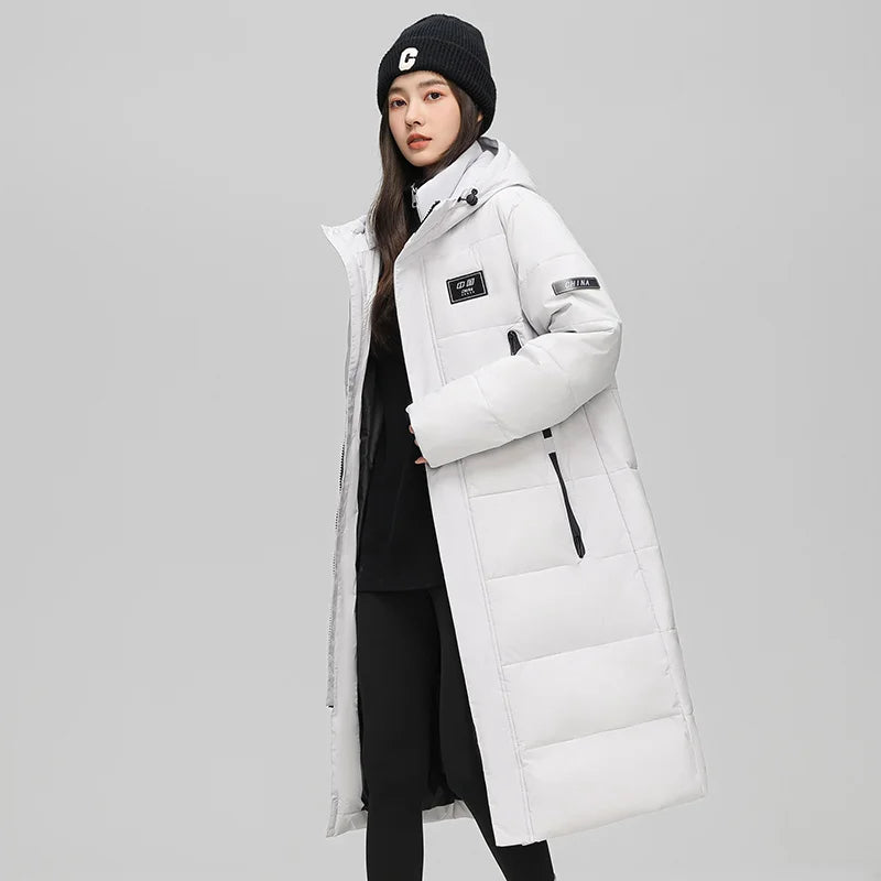 Fashionable White Duck Down Jackets Suitable Both Men  Women in Winter Long Knee-length Cotton-padded Jackets with Thick Hooded