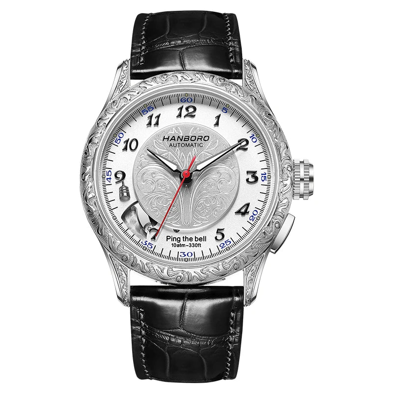 HANBORO Mechanical Alarm Watch Men Automatic Ping Bell Hourly Chime Luxury 100M Waterproof Sapphire Steel Business Unique