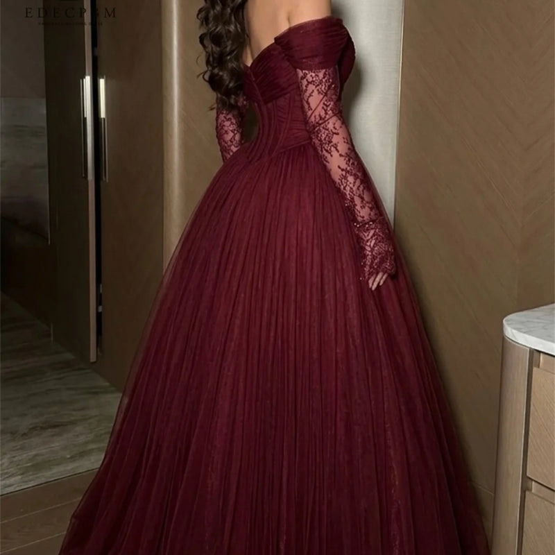 EDECPBM Satin Off The Shoulder Burgundy Ball Gown Evening | SAMAG