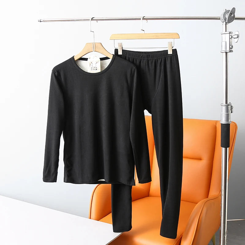 Upgraded Version Men's Thermal Wool Silk Underwear Set Self-Heating Double Warmth Velvet Knitted Fabric Long Sleeve round Neck