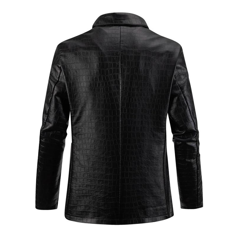 Men's Faux Leather Crocodile Pattern Jacket Single Row Large Lapel Suit Style Chest Pocket PU Leather Coat