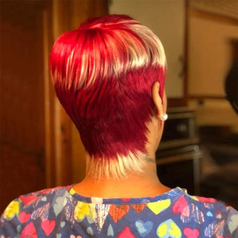 Short Human Hair Pixie Cut Wig For Black Women Short Wigs With Bangs Burgundy Human Hair Wig Full Machine Made Pixie Haircut Wig