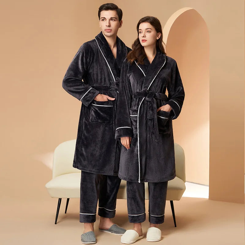 Flannel Couple Robe And Pant Set Warm Autumn Winter Thick Coral Fleece Pajamas Women's Bathrobe Men's Sleepwear Loose Home Cloth