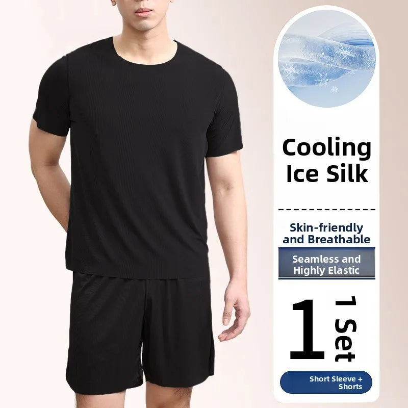 Ice Silk Sleepwear Set round Neck Short Sleeve Casual Lightweight Men's Home Clothes Comfortable Underwear for Youth in Summer