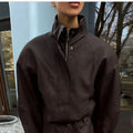 Women Faux Suede Two Piece Set Stand Collar Covered Button Long Sleeve Cropped Jacket High Waist Mini Skirt Vintage Casual Suits