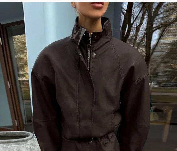 Women Faux Suede Two Piece Set Stand Collar Covered Button Long Sleeve Cropped Jacket High Waist Mini Skirt Vintage Casual Suits