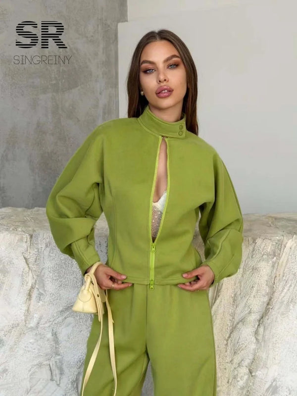 SINGREINY Autumn Stand Collar Casual Sweatshirts Suits Women Long Sleeves Zipper Slim Top+Long Pants Trendy Street Tracksuits