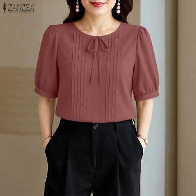 ZANZEA Elegant Solid Color Woman Blouses Lace Up O - Neck | SAMAG