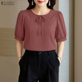 ZANZEA Elegant Solid Color Woman Blouses Lace Up O - Neck | SAMAG