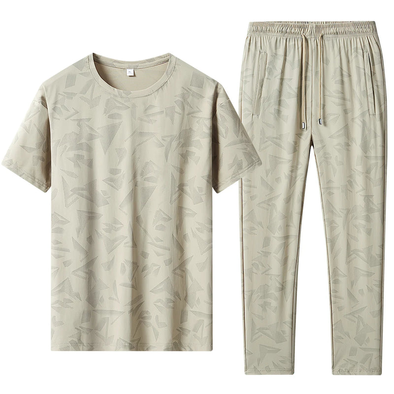 Men 2 Piece Quick Dry Tracksuit Round Neck Short Sleeve Tee Drawstring Straight Pants Camo Print Set - View 8 | SAMAG