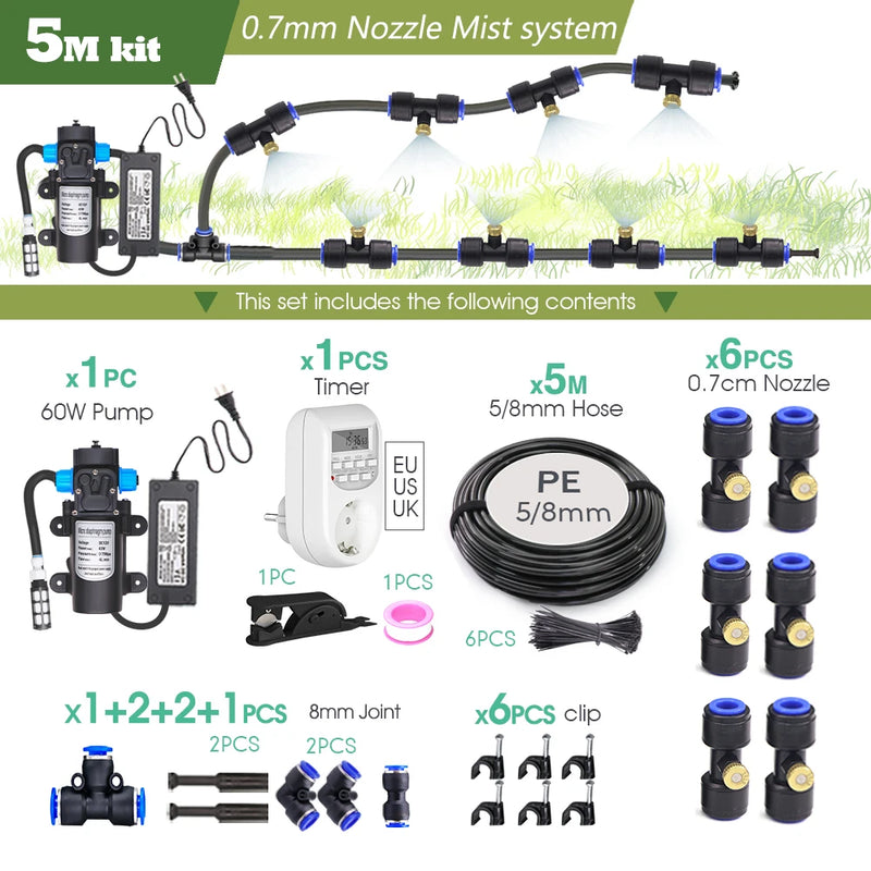0.7MM Brass Nozzle 60W Self-Priming Pump Timing Misting Spray Kit for Garden Plants Farm Automatic Atomization Cooling System