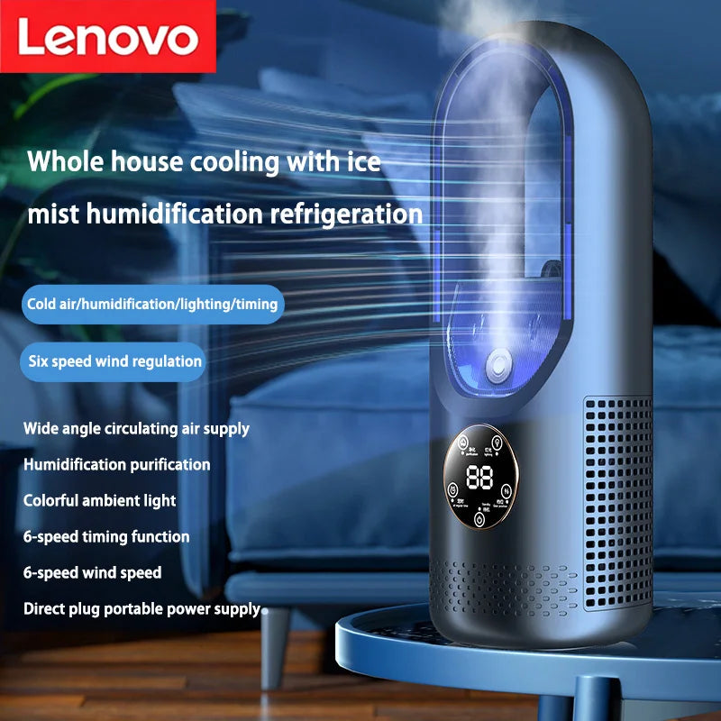 Lenovo Ice Cool Portable USB Air Cooler Fan with Purifying and Humidifying Mist Spray and LED Display Desktop Cooling for Office