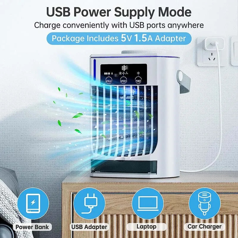 Portable USB Mini Cooling Air Conditioner 3 Speeds Bladeless Fan 5 White Night Light OEM Personal Home Office Air Plastic Hotels