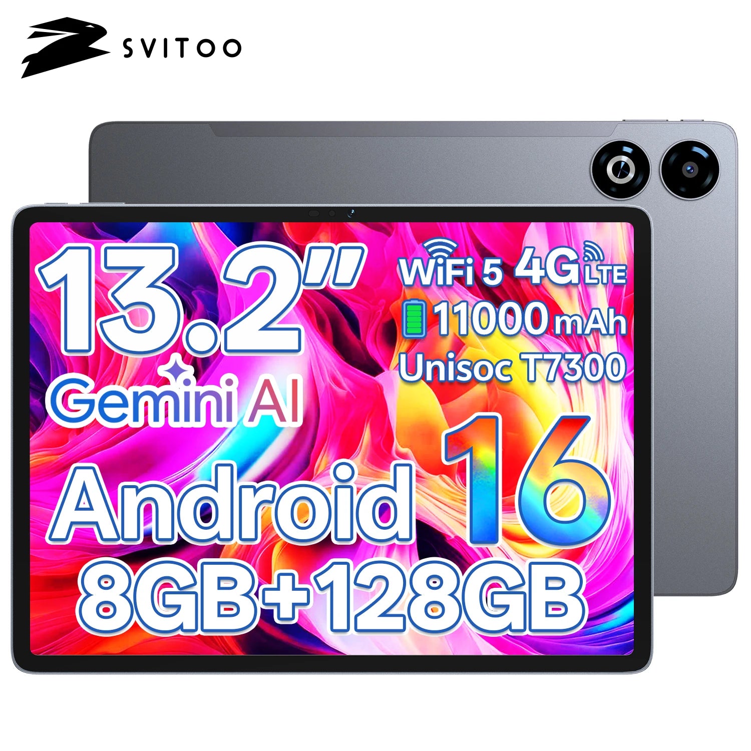 SVITOO Tablet 2026 Android 16 13 Inch 2240 x 1600 2K 90Hz Display Large Screen Unisoc T7300 Octa-Core Processor 8GB RAM Physical Memory 128GB ROM 1TB Expandable 11000mAh Battery 2.4GHz 5GHz WiFi 5 Bluetooth 5.0 GPS Widevine L