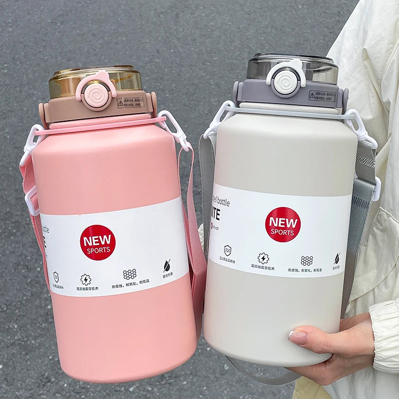 800ml/2000ml Large Capacity Stainless Steel Insulated Water Jug with Handle & Straw, Leakproof Vacuum Thermos Mug for Sports Out
