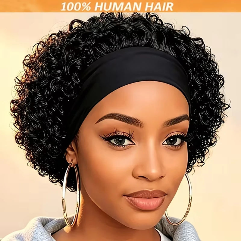 Headband Short Pixie Cut Wigs Human Hair for Women Curly Wigs Water Wave Bazilian Hair Full Machine Made Cap for Daily Wear