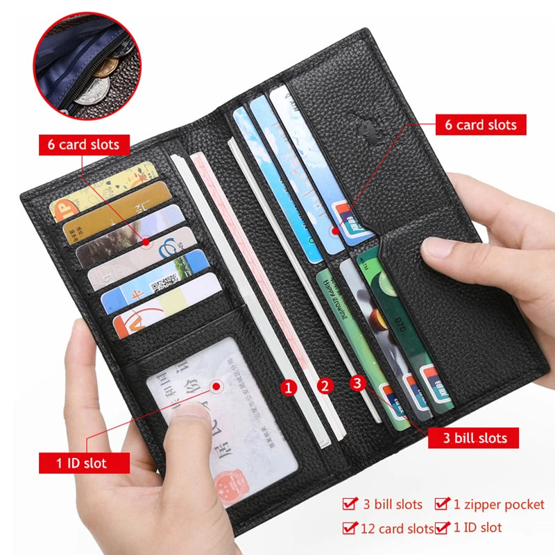 BISON DENIM Genuine Leather Long Wallet Business Men's Soft Thin Wallet Card Holder Luxury Brand Design Handy Male Purse Bag