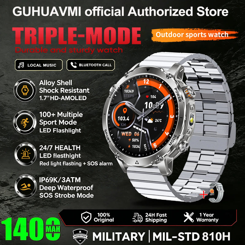 New 1400mAh Battery Sports Smart Watch 1.7” SOS+Flashlight Exercise Record Bluetooth Call Waterproof Health Watch For Android iO