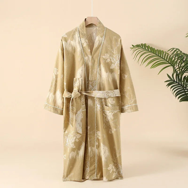 2026Couple's Printed Cotton Loose Fitting Bathrobe Japanese Style Tie Up Kimono Bathrobe Sweat Steaming Cotton Pajamas Robes Men