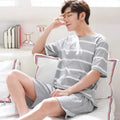Men's Summer Pyjamas Set: Short-Sleeved Top and Shorts Youthful Student Style with Cartoon Stripes Summer Homewear Ensemble