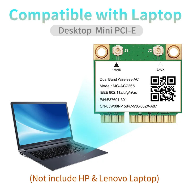 Wifi 5 1200Mbps Bluetooth 4.2 Half Mini PCI - E Card MC - AC7265 Wireless802.11ac 2.4G 5Ghz For Laptop Win - Visuel 4 | SAMAG