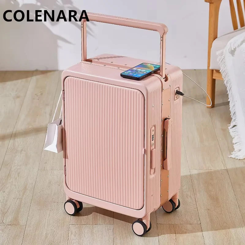 COLENARA 20 Inch Charging Luggage Aluminum Frame Boarding Case 25 Inch Front Opening Laptop Women's Trolley Travel Suitcase