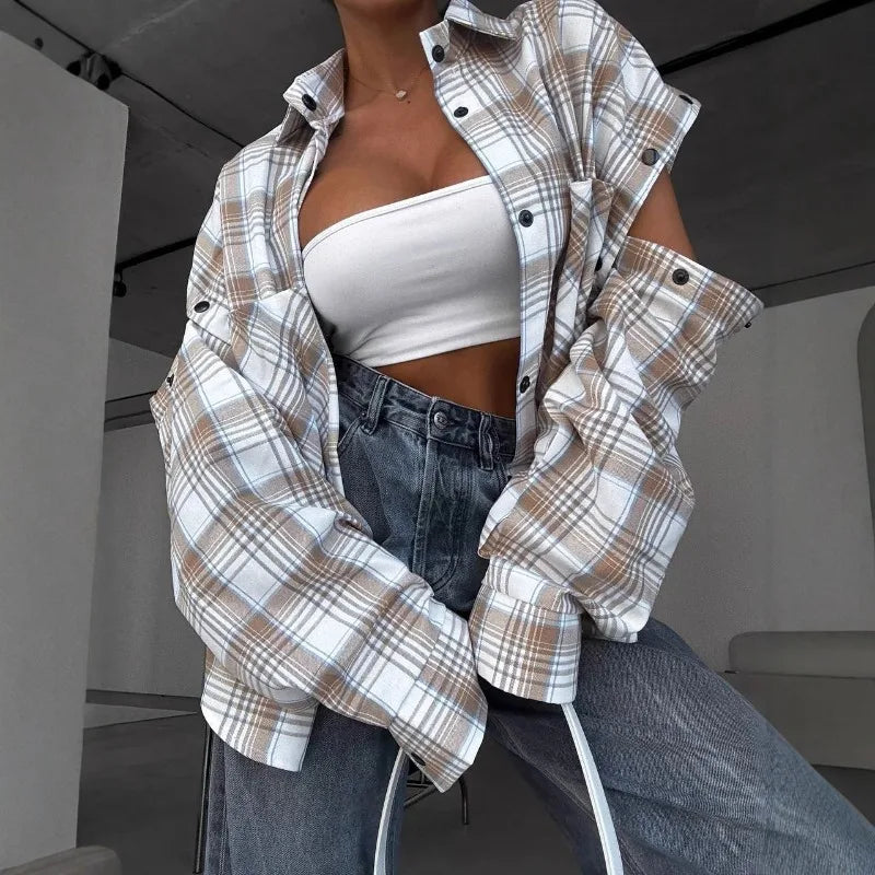 Women's Spring Blouse Jacket Shirt Checkered Short-sleeved Pocket Retro Luxurious Chic Trendy Minimalist Fashionable Comfortable