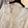 Boho Crochet Cardigan Women Flare Sleeve Tie Front Floral Open-knit Blouse Cardi Beach Bikini Cover Up Bolero Vacation Outfit