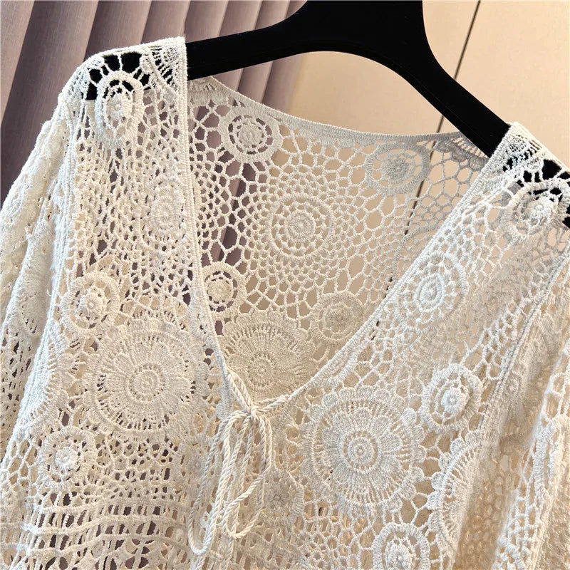 Boho Crochet Cardigan Women Flare Sleeve Tie Front Floral Open-knit Blouse Cardi Beach Bikini Cover Up Bolero Vacation Outfit