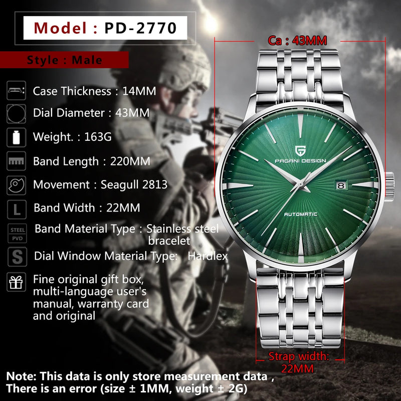 PAGANI Design 2026 Men Automatic Mechanical Watches  Sapphire Stainless Steel Waterproof Seagull 2813 Watch Clock Montre Homme