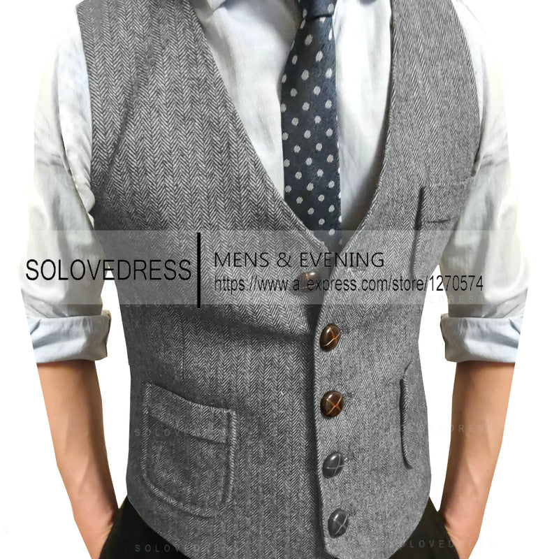Men's Suit Vest V Neck Notched Lapel Slim Fit Leisure Wool Herringbone Tweed Vest Men for Wedding Groomsmen Mens Waistcoat Vest