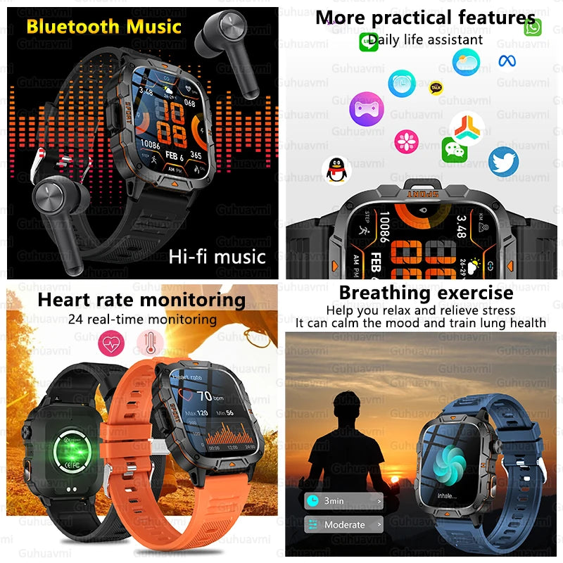 2025 New Military Grade Smart Watch Men 1.96" AMOLED Screen 5ATM Waterproof Simming Sports Fitness Tracker BT Call Smartwatches