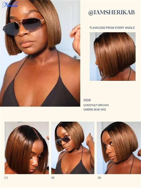 Nadula 13x4 7X5 Chestnut Brown BOB Wig Yaki Straight Pre-Bleached Knots Pre Cut HD Transparent Lace Human Hair Wig Ready to Wear
