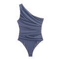 Summer Asymmetric Sleeveless Pleated Silk Mesh Bodysuit Women Single Shoulder Slim Fit Jumpsuit Female Beach Holidays Wear 2026