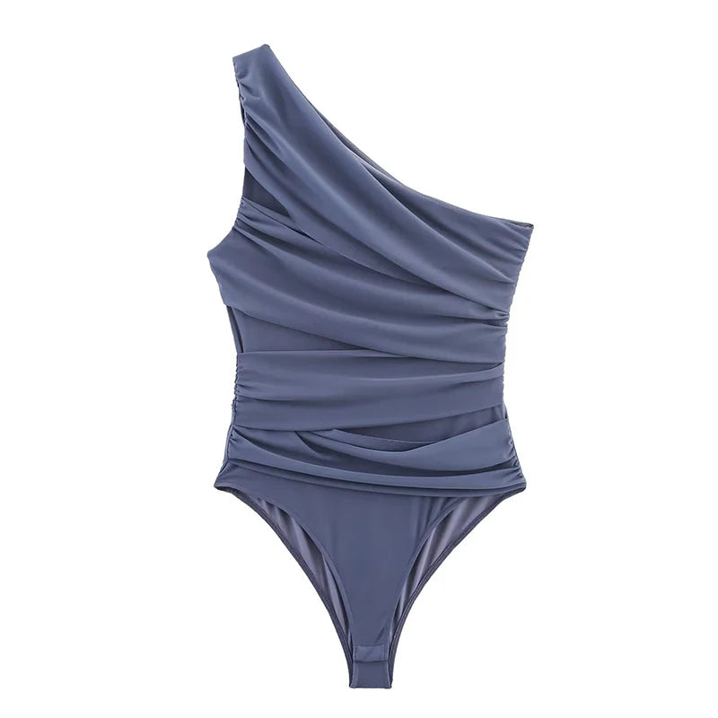 Summer Asymmetric Sleeveless Pleated Silk Mesh Bodysuit Women Single Shoulder Slim Fit Jumpsuit Female Beach Holidays Wear 2026